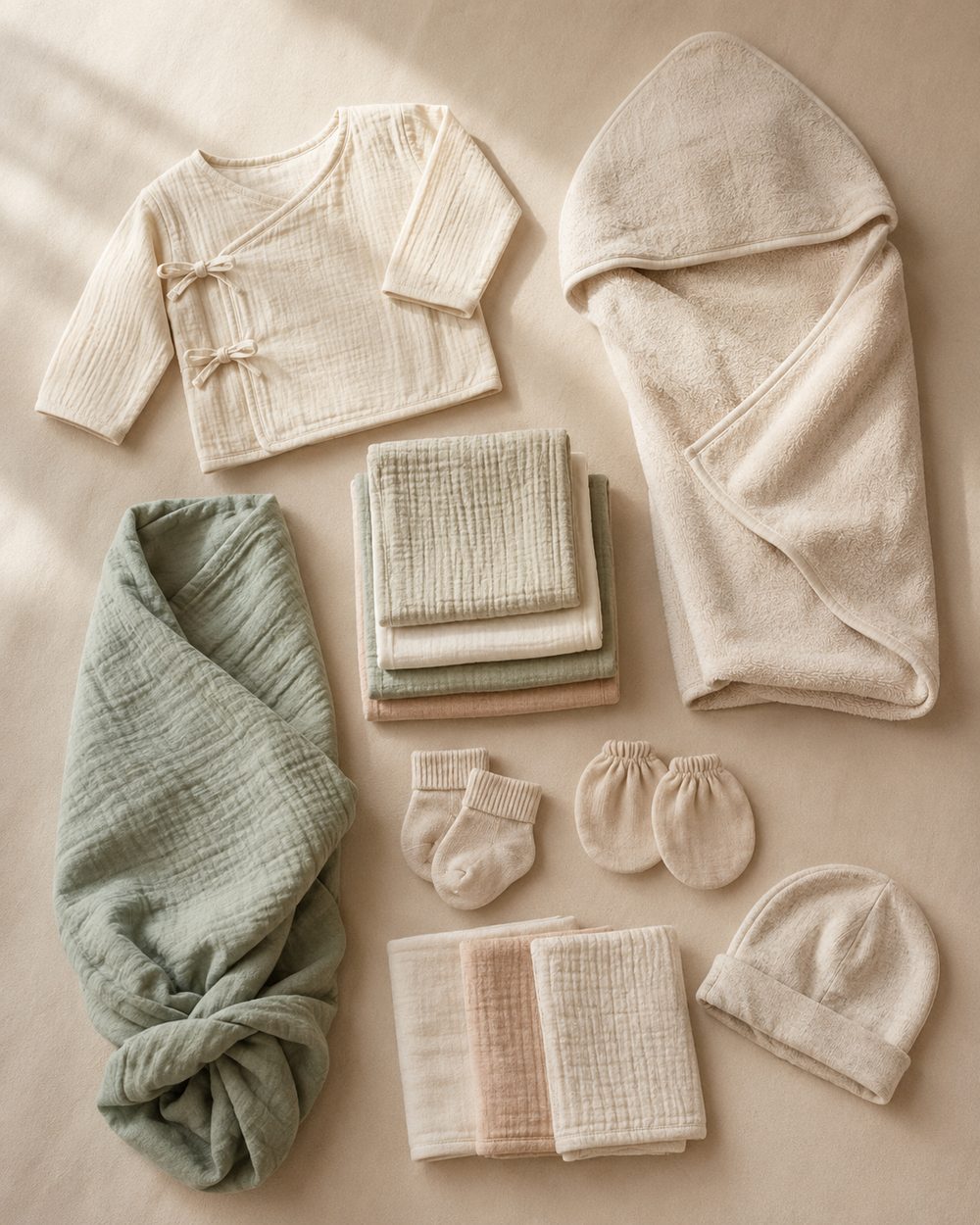 The complete set of Lullé newborn essentials in undyed organic cotton